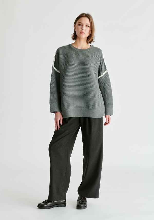 Ribbed Jumper with Contrasting Embroidery in Grey